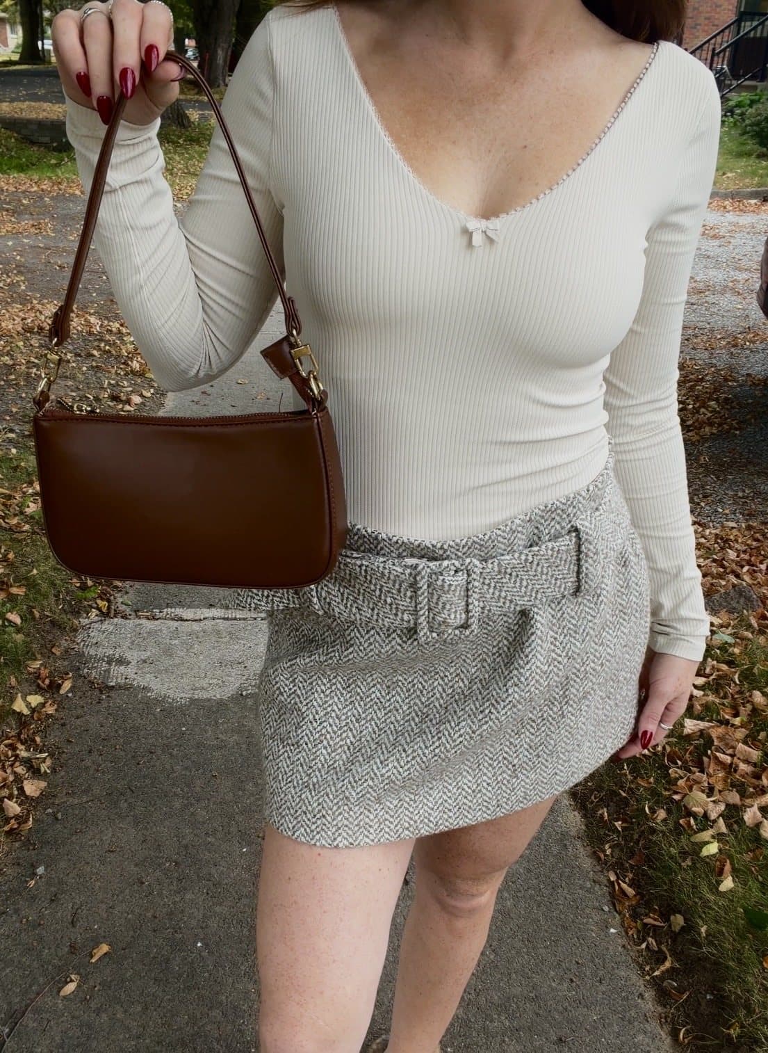 Ribbed bow top and herringbone skirt